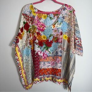 Johnny Was Multicolor Silk Blouse-Short Sleeve-Scalloped Hems-Size XXL